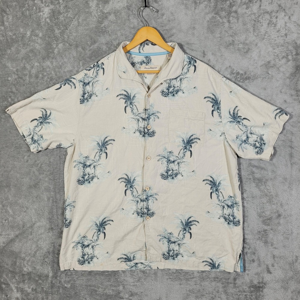 Tommy Bahama Shirt Mens XL Blue White Silk Palm Tree Hawaiian Button Up Camp